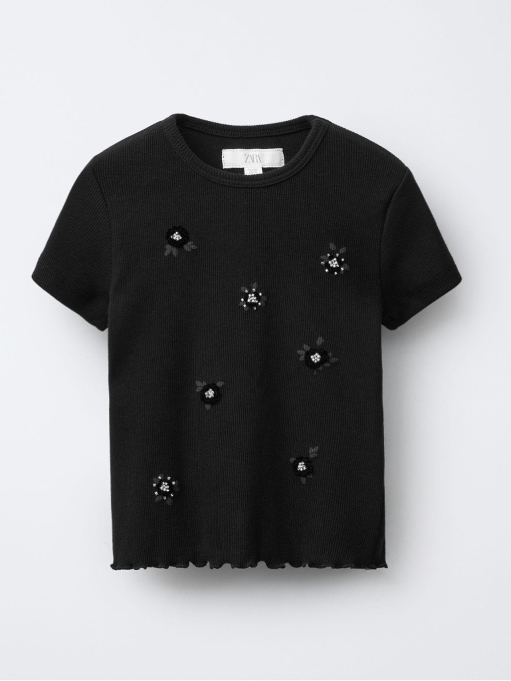 Zara Black Short Sleeve Ribbed Top with Beaded Floral Embellishments
